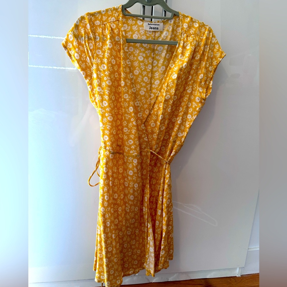 Reformation cotton yellow and white floral wrap dress, size XS.